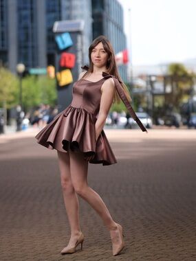 Satin Bow Strap Fit-and-Flare Mini Dress in Chocolate Brown